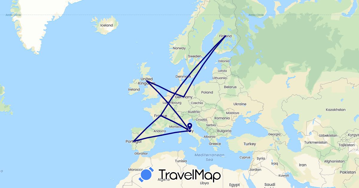 TravelMap itinerary: driving in Germany, Spain, Finland, France, United Kingdom, Italy, Netherlands, Portugal, Sweden (Europe)